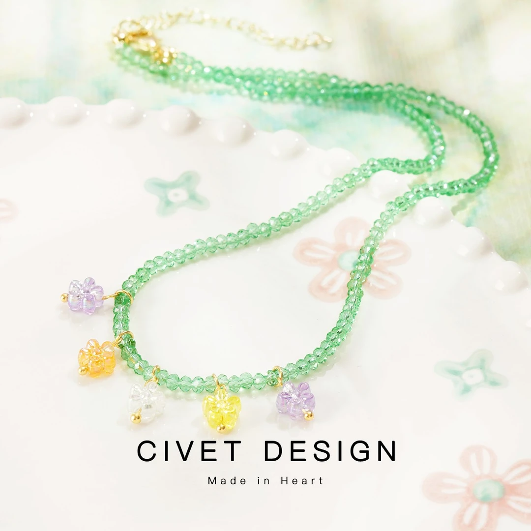 合金亚克力项链 可爱小花锁骨链温柔森系绿色项链串珠少女颈链