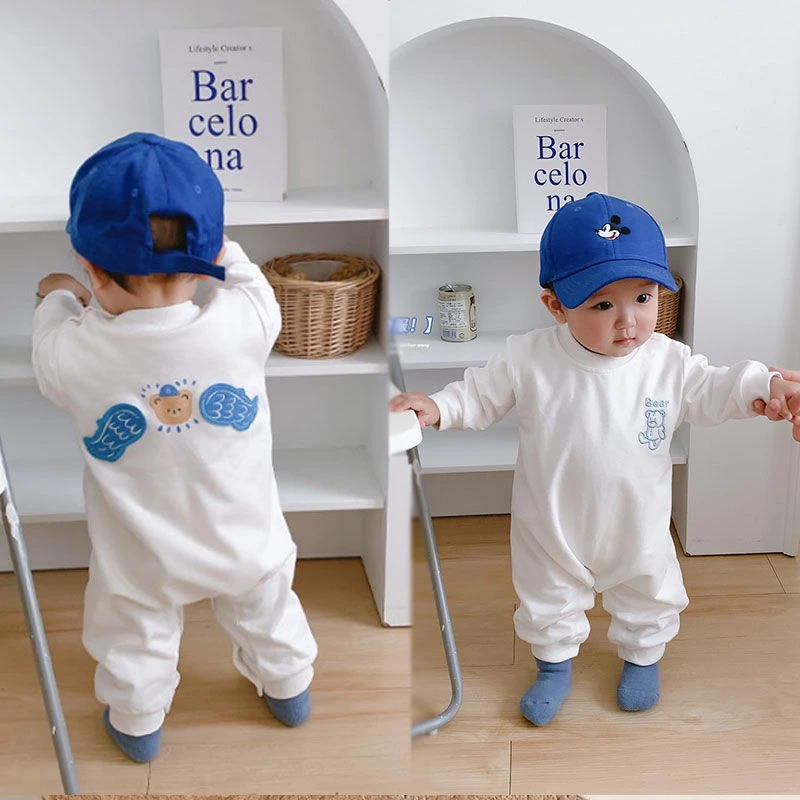 春秋婴幼儿纯棉长袖条纹小熊格子连体衣男宝宝卡通帅气爬服外出服