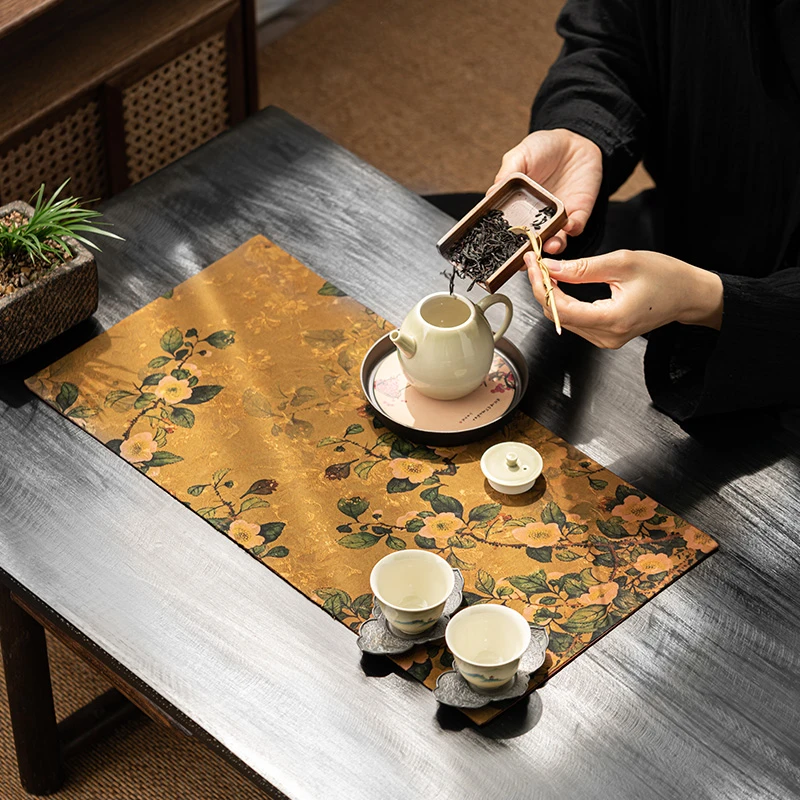熹吾堂 香云纱老料双面茶席古朴茶盘垫花朵图案桌旗布艺茶具配件
