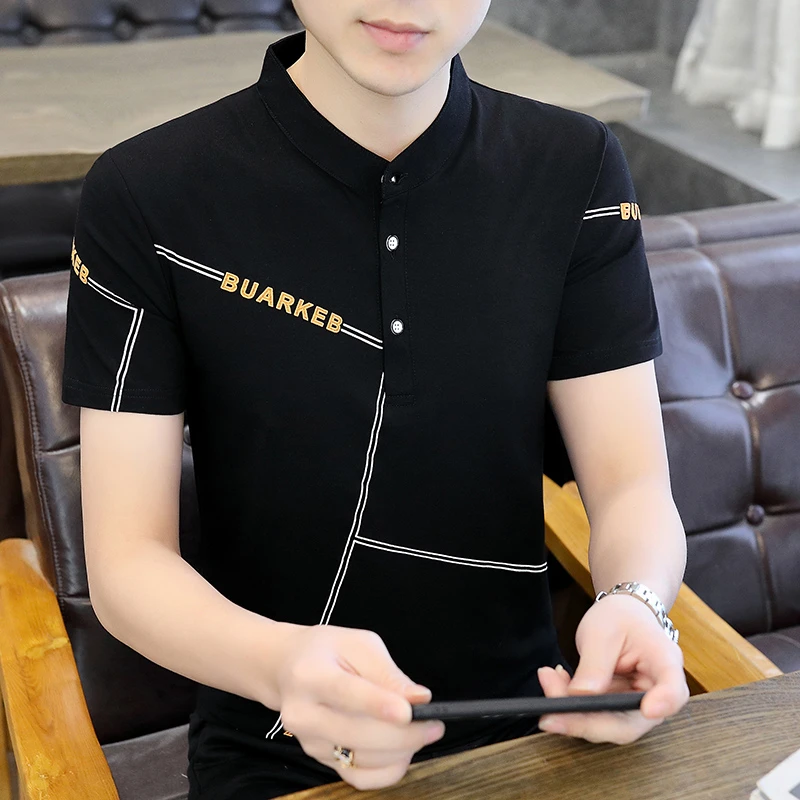 2025夏季新款男士新款立领短袖T恤时尚休闲青年圆领印花t恤半袖