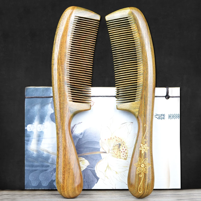 加长绿檀木梳子细齿檀香木梳头部按摩男士女孩家用儿童直发长发梳