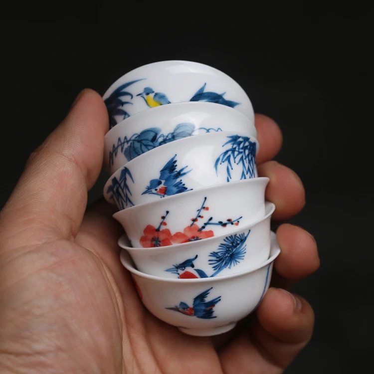 春夏秋冬纯手工绘制高温陶瓷薄胎反口杯釉下彩小号功夫茶杯品茗