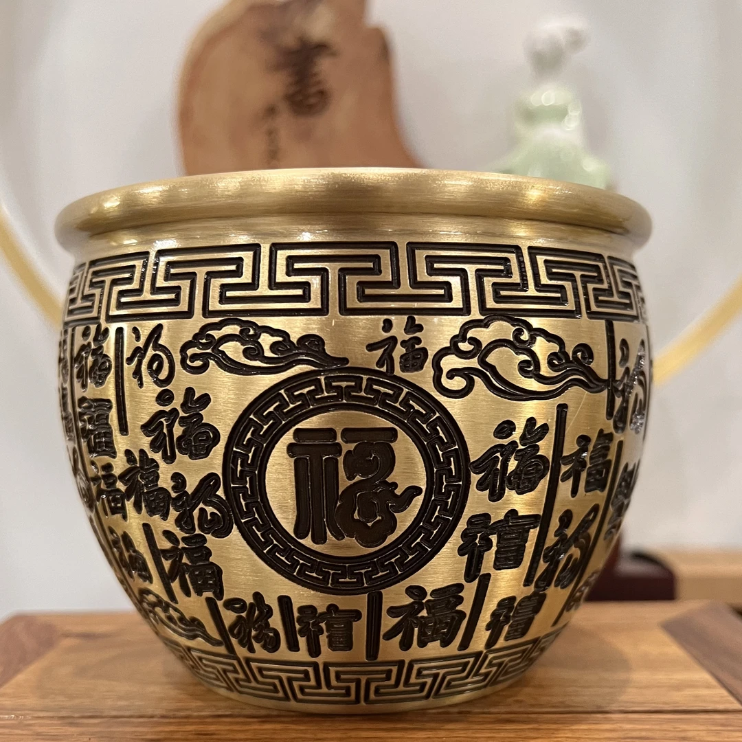 【清库】复古祥云百福聚宝缸铜制桌面摆件