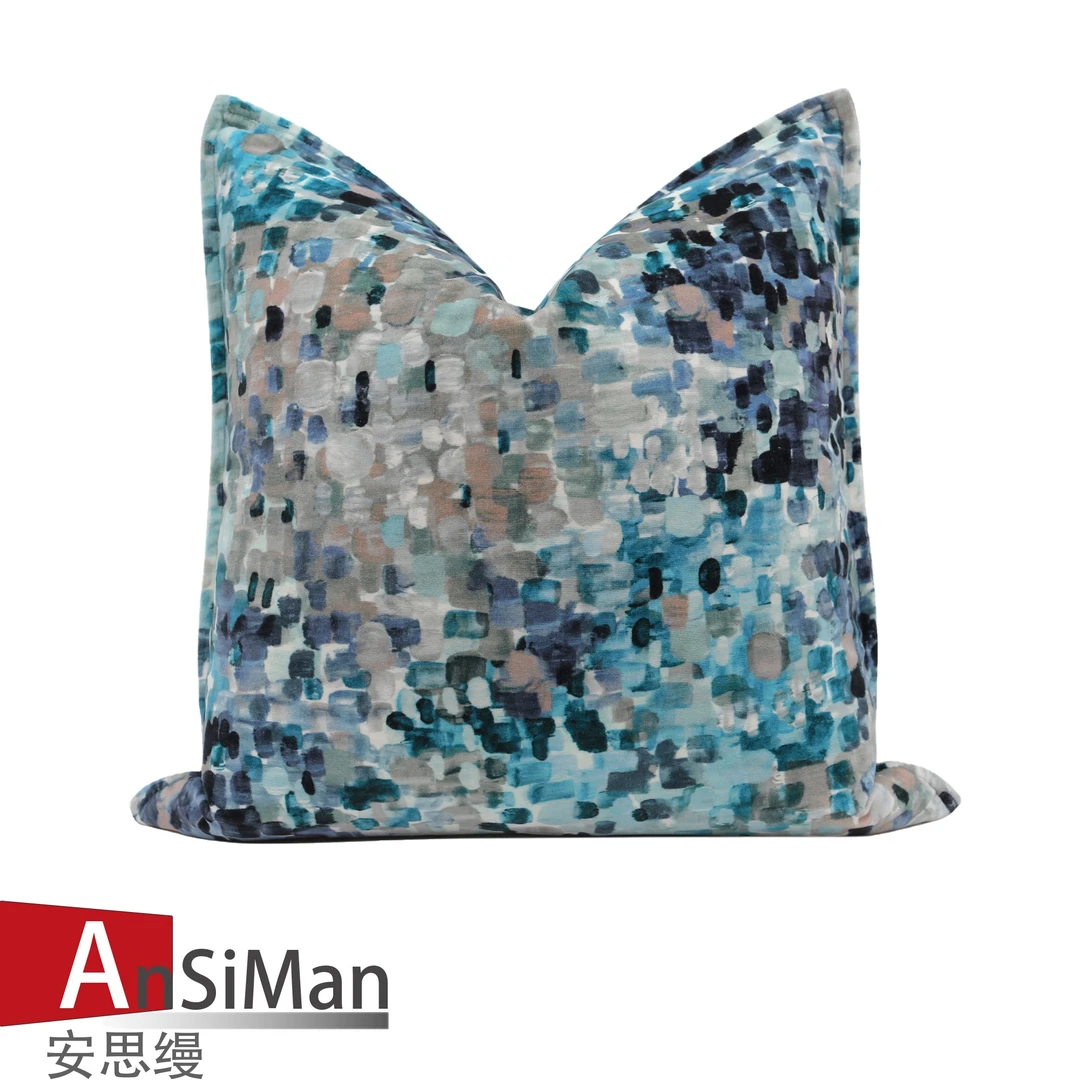 AnSiMan安思缦抱枕靠垫绒面45*45蓝绿色水墨印染样板房间客厅装饰