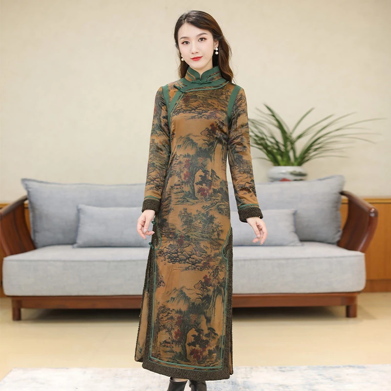 如意风加棉旗袍气质长款改良妈妈装复古中式斜襟民族风女装R626