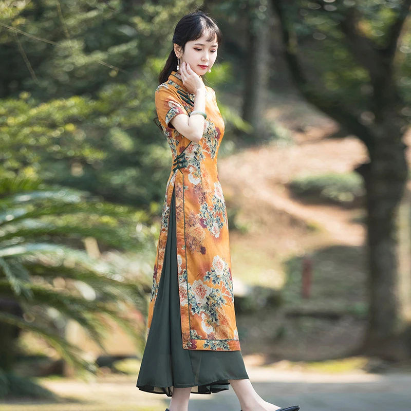 如意风国风奥黛印花斜襟夏装新款黄色高端气质长款改良旗袍R974