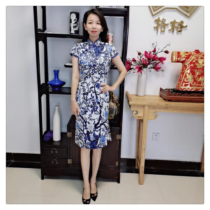 格格品牌    青黛印花弹力绉缎旗袍  5220065101