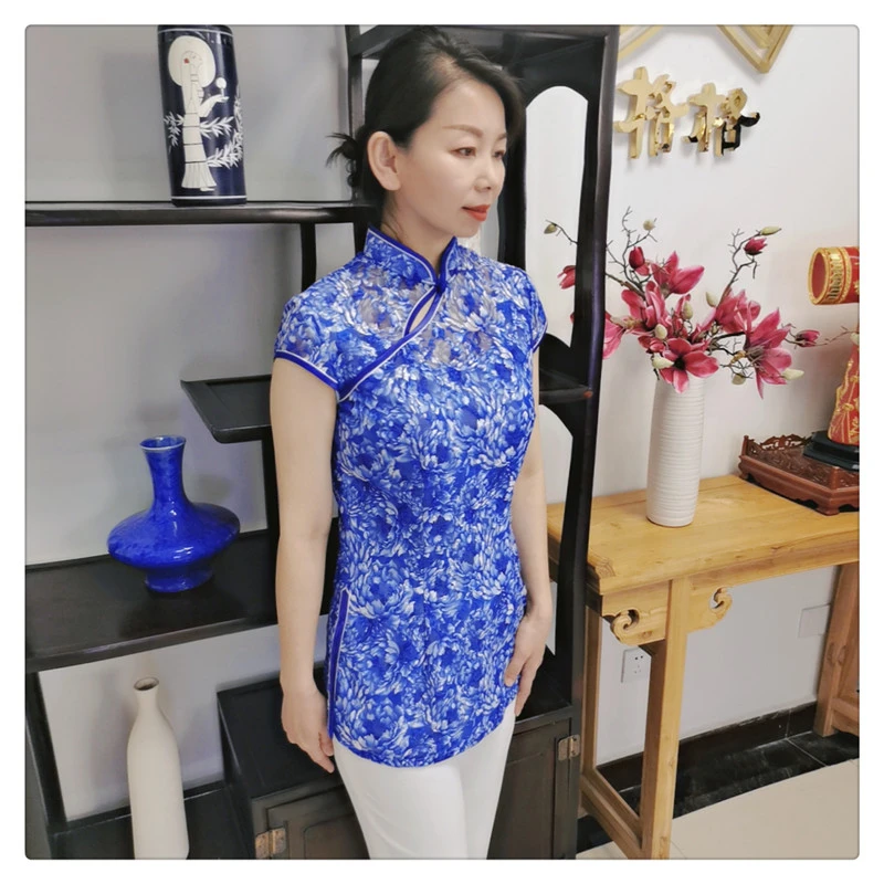 格格品牌夏季立领修身蕾丝复古中式中国风碎花短款上衣6121080148