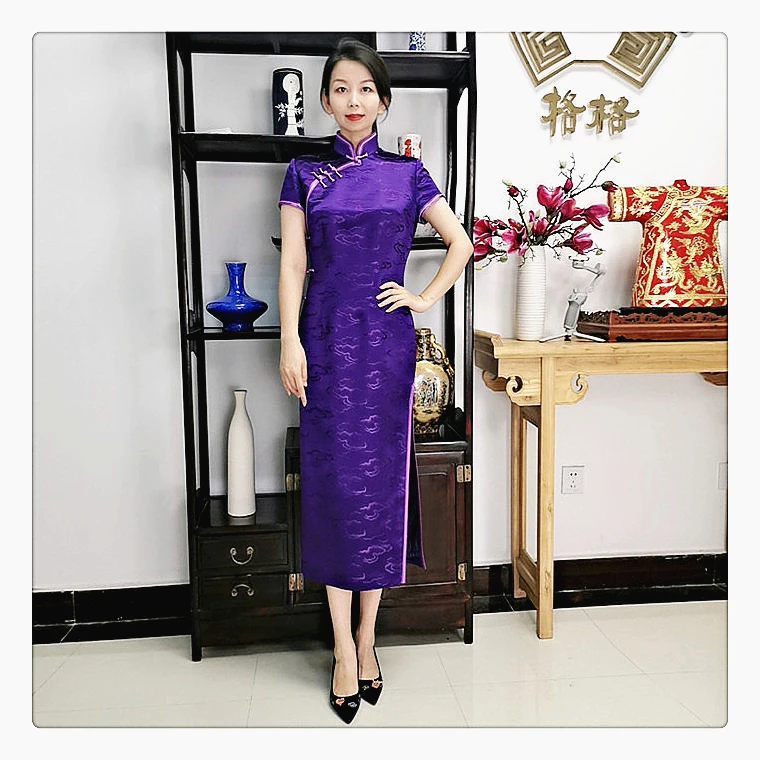 格格复古修身气质祥云锦缎半袖中长旗袍   G64MC020033