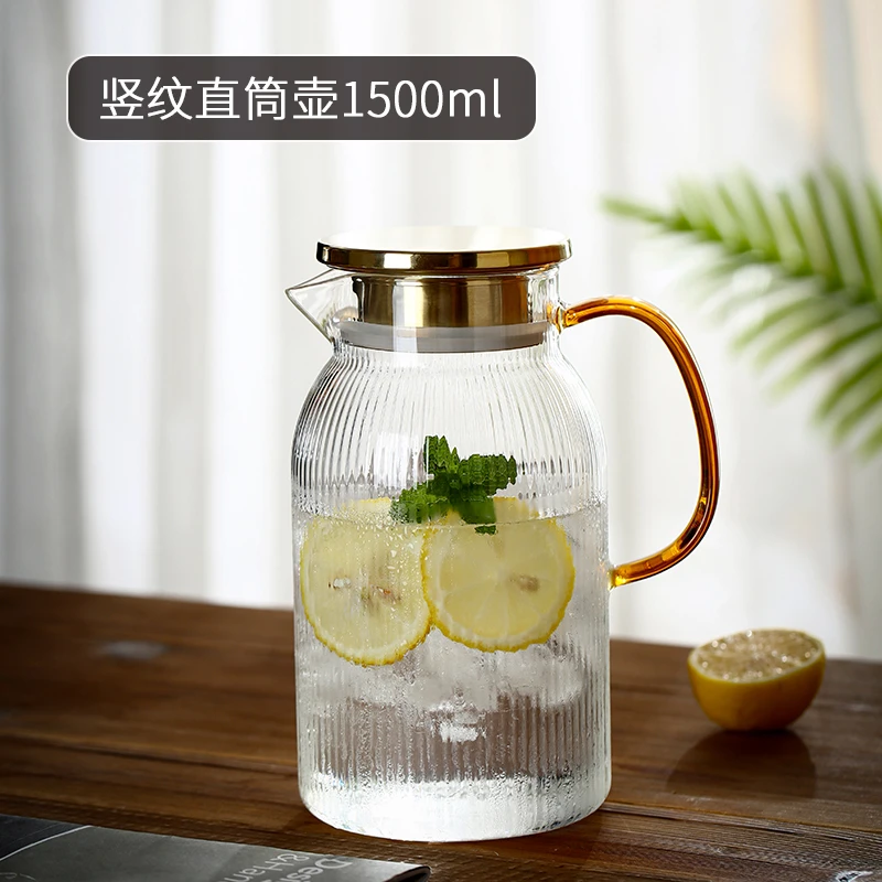 青苹果欧式竖纹凉水壶家用耐高温玻璃水壶套装直筒冷水壶大容量