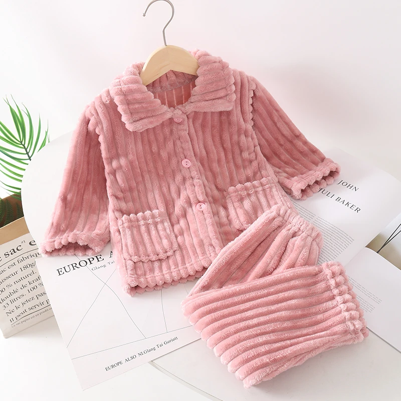 儿童法兰绒睡衣春秋冬珊瑚绒睡衣男童女童宝宝加厚加绒家居服套装