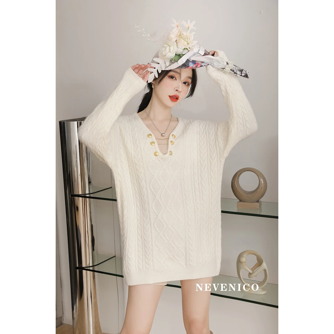 【小呆鸟专享】NeveNico V领麻花编织毛衣裙套头针织 NN2101016