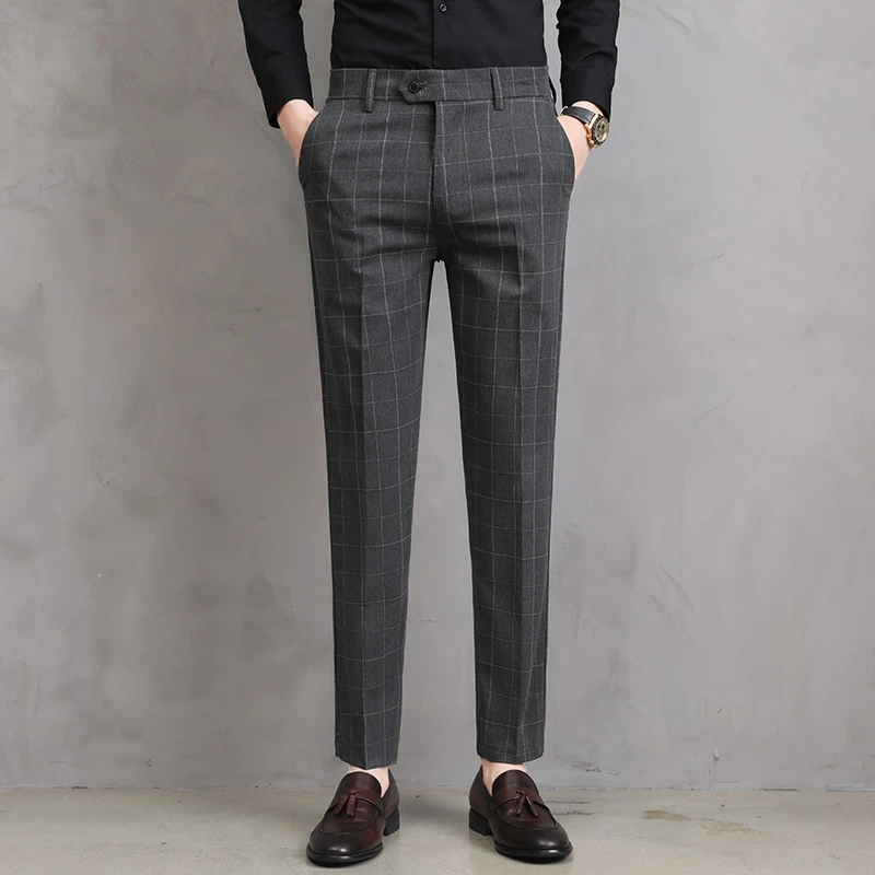 新款男士春秋商务修身时尚格子百搭休闲裤直筒西装西裤直筒裤子