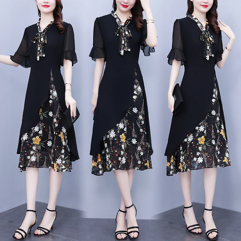 广州十三行连衣裙夏季新款黑色中年妈妈装大码女装假两件碎花裙子