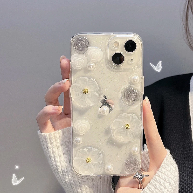 高级感小清新珍珠花朵苹果16promax手机壳新款透明iPhone13pro简