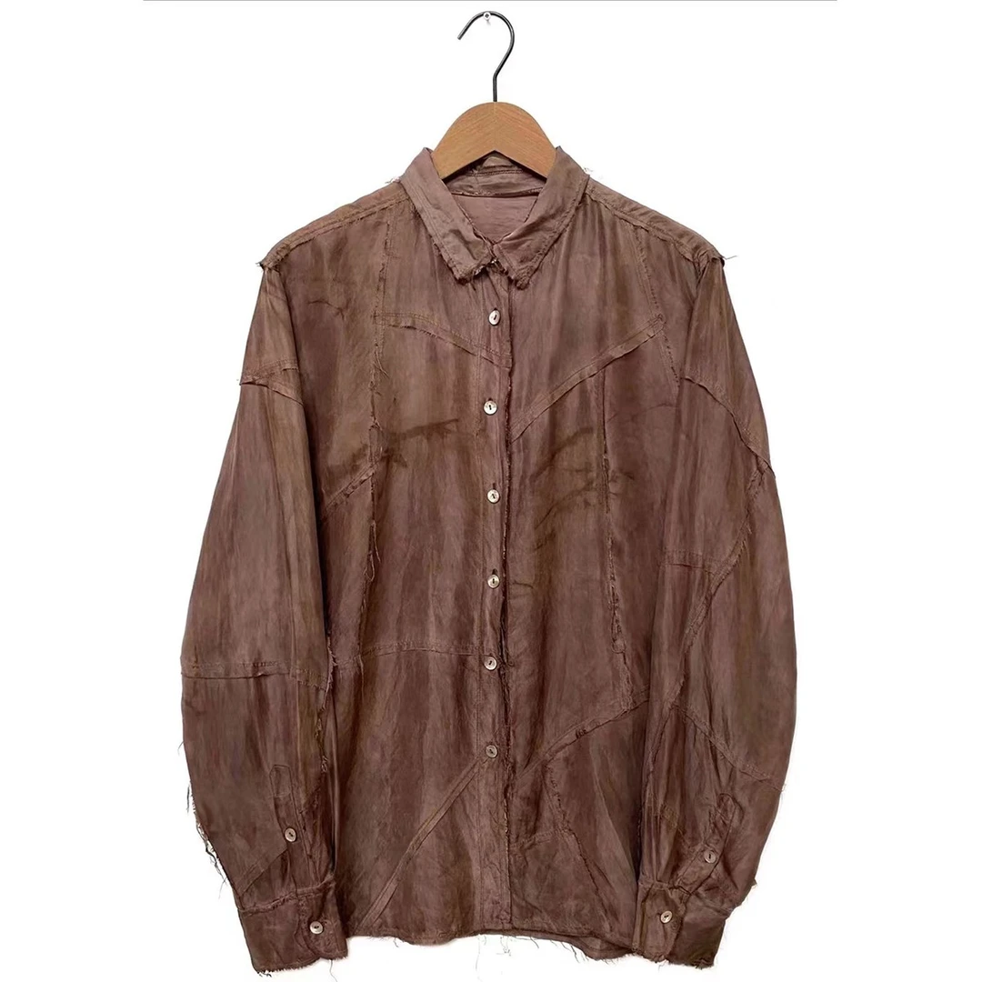 【7折款】布衣分享 SS1038左岸迷香纯植物染色毛边拼接衬衫气质衬衣