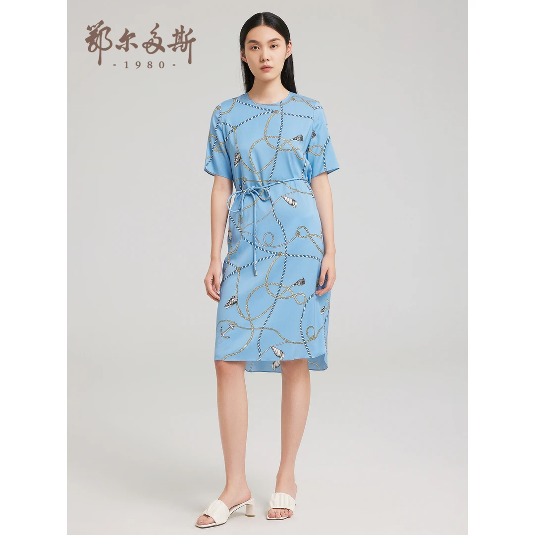 鄂尔多斯1980春夏季圆领含桑蚕丝半袖中长女装连衣裙 优雅时尚
