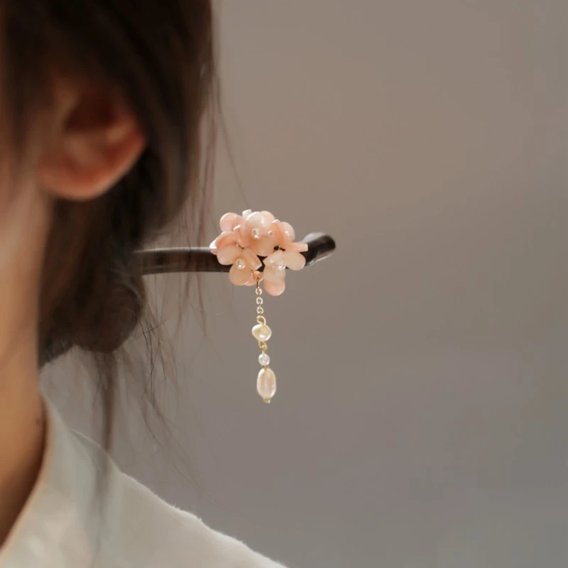 橙色木簪丸子头发饰发簪木质黑檀木高级感盘发头饰旗袍配流苏茶服