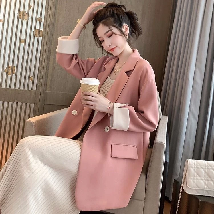 韩版网红粉色小西装外套女双排扣宽松休闲chic西服春秋季2025新款