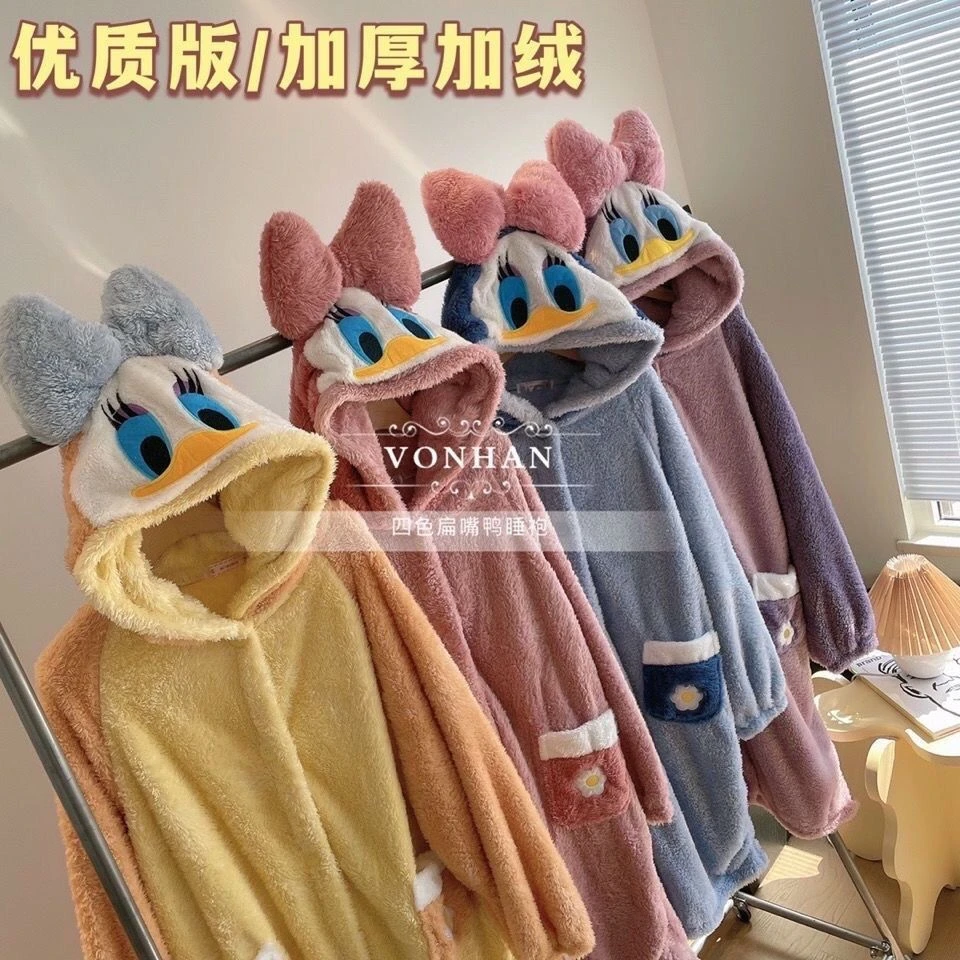 珊瑚绒紫色唐老鸭睡袍长款加厚加绒家居服学生服演出服可外穿