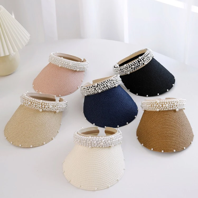 草帽女夏天手工珍珠沙滩空顶帽女遮阳防晒太阳帽韩版网红鸭舌帽潮