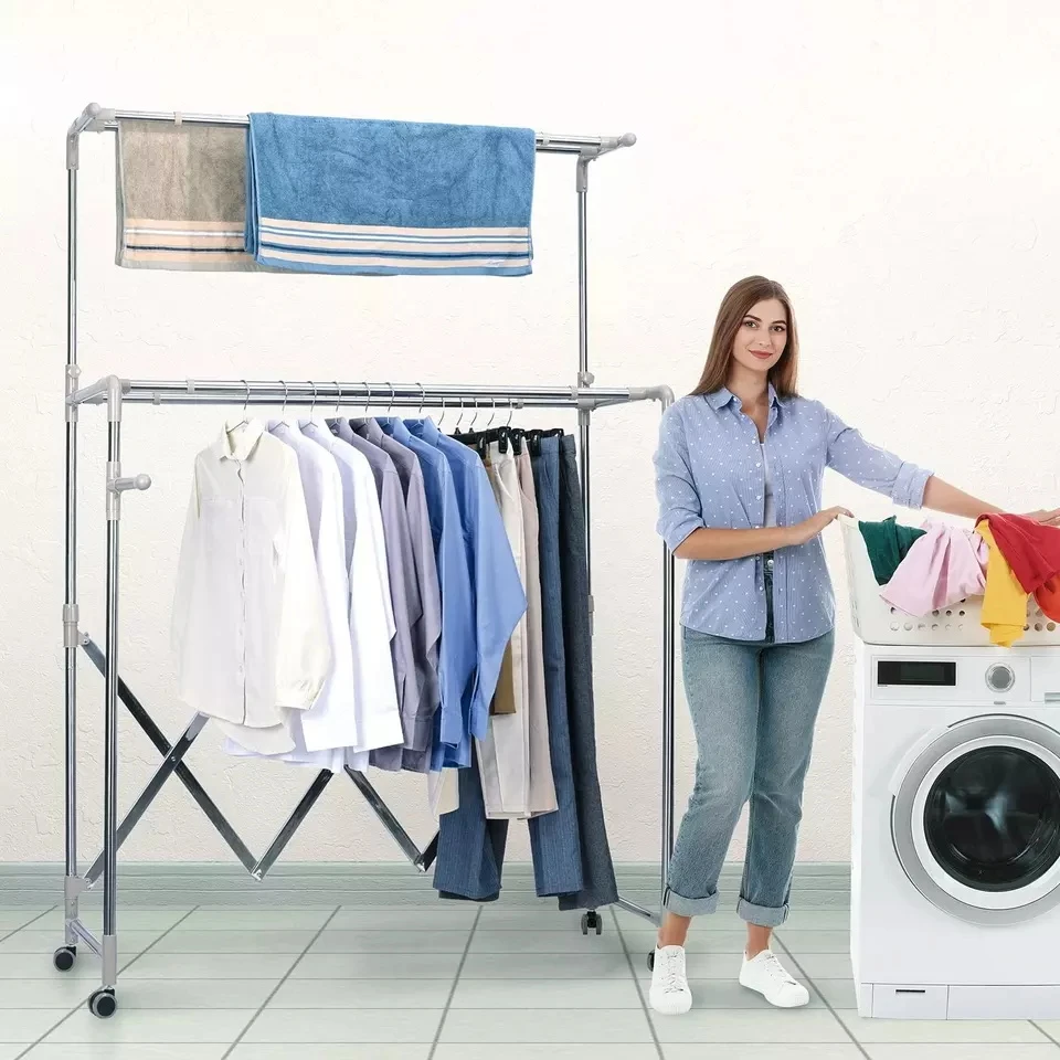 双杆落地晒衣架不锈钢可伸缩折叠简易衣架移动阳台晾衣架JP-10