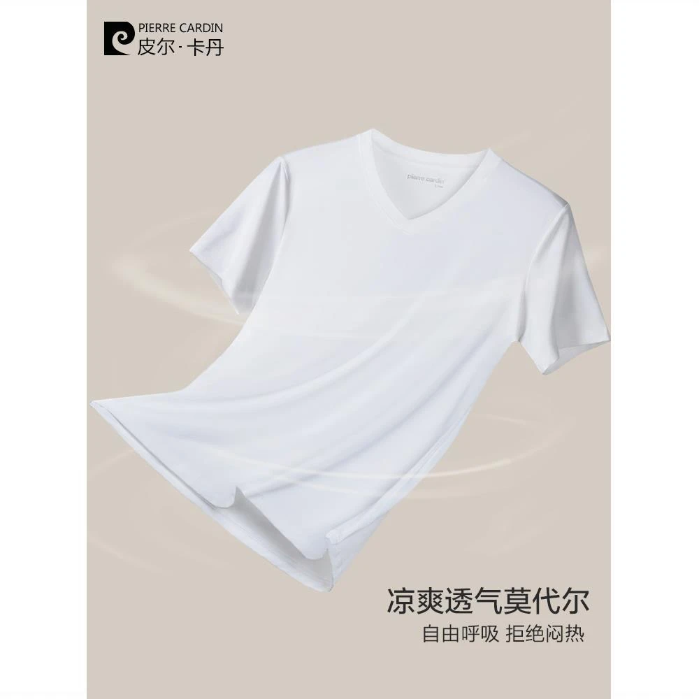 夏季男士冰丝莫代尔运动健身轻薄透气白色V领短袖T恤