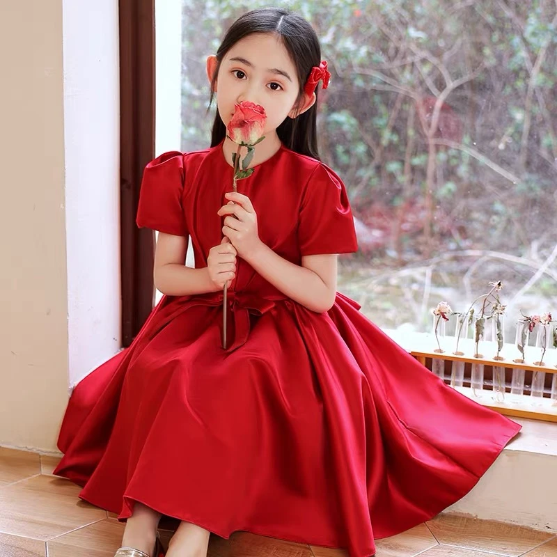 儿童钢琴演奏演出服女童主持人公主裙生日表演礼服夏款酒红色