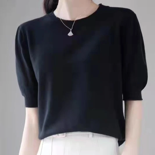 牧源羊绒68支纯山羊绒精纺羊绒元领女半袖辅料除外