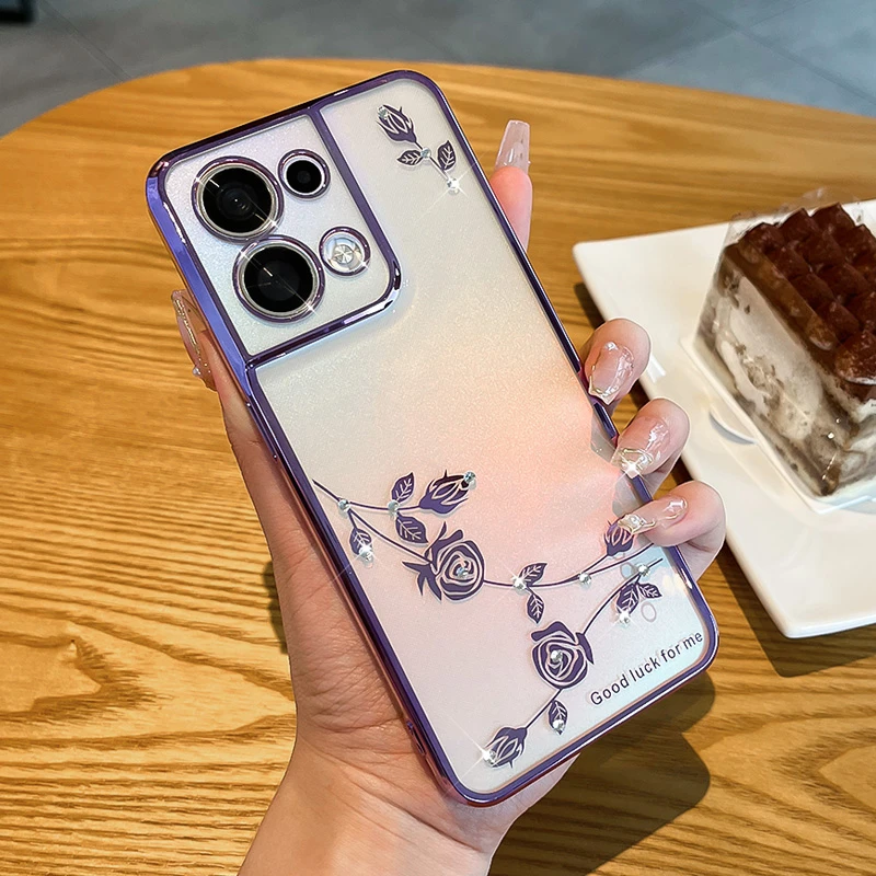 潮钻适用opporeno8手机壳女款reno8pro+轻奢水钻玫瑰透明全包防摔
