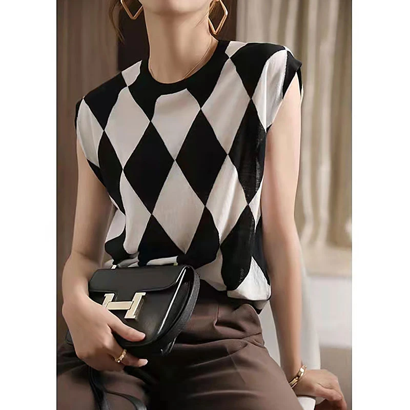 北方鹿 精纺细支羊毛！春夏气质黑白菱格圆领无袖针织衫女6052