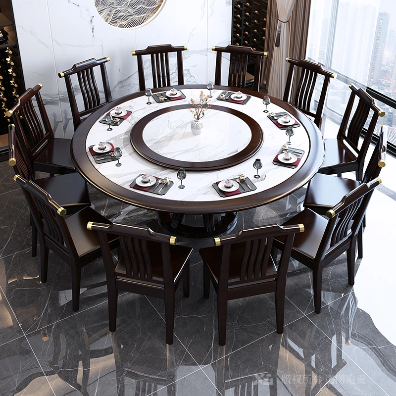 新中式餐桌实木岩板圆形餐桌椅组合家用10人大圆桌吃饭桌子带转盘