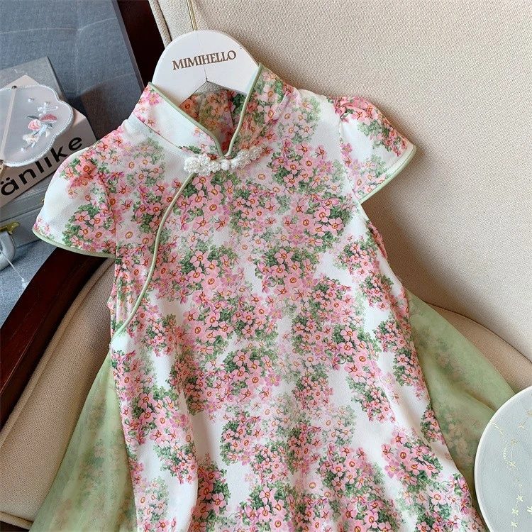 女童连衣裙夏季2023新款洋气新中式小女孩改良旗袍裙碎花裙子薄款