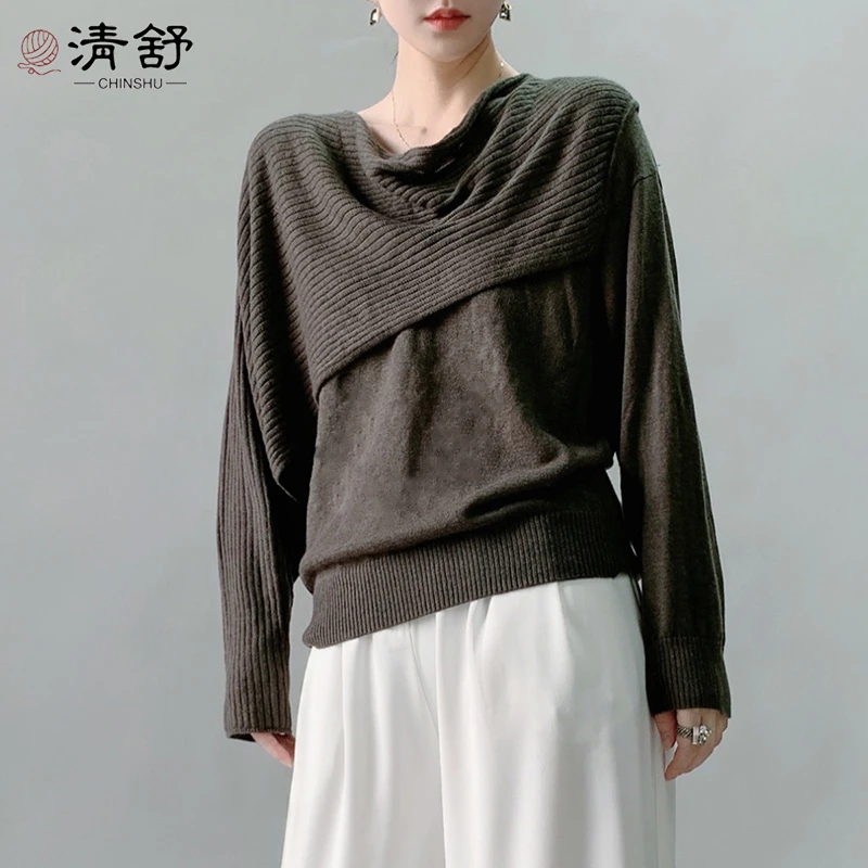 CHINSHU/清舒堆堆领坑条披肩假两件羊芼针织衫#9110