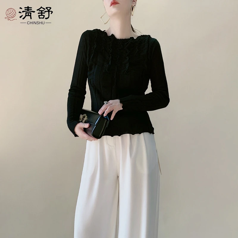 CHINSHU/清舒重工设计师款褶皱长袖羊芼打底衫腔调穿搭9106#