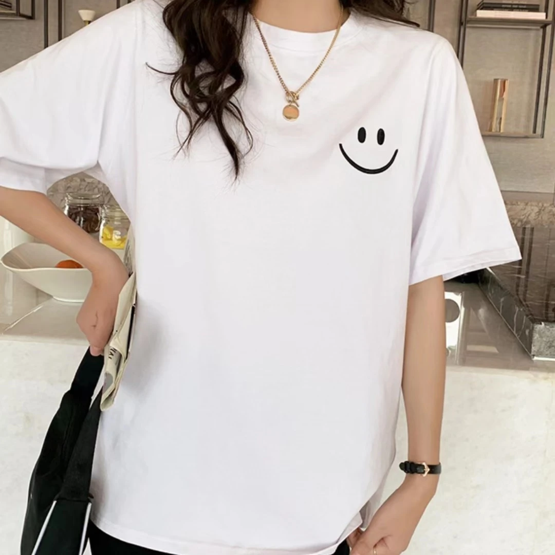 2022纯棉短袖t恤夏季新款胸标笑脸男女同款宽松百搭休闲情侣上衣