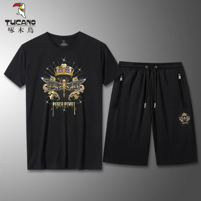 TUCANO/啄木鳥男士休闲短裤套装大码烫钻蜻蜓圆领莫代尔棉短袖夏