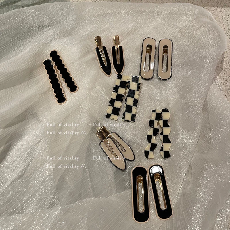 波浪棋盘格发夹鸭嘴边夹刘海夹黑白格子发卡边夹复古刘海发饰