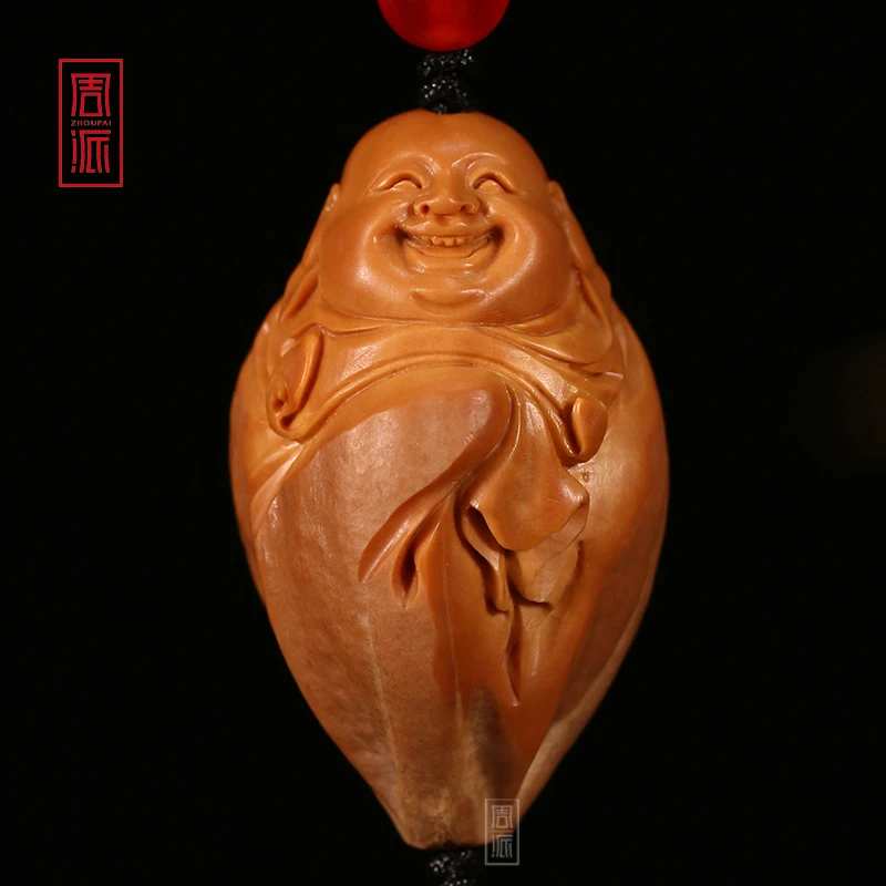 周派春毅核坊 包衣如意弥勒橄榄核单子文玩核雕手机钥匙链 纯手工