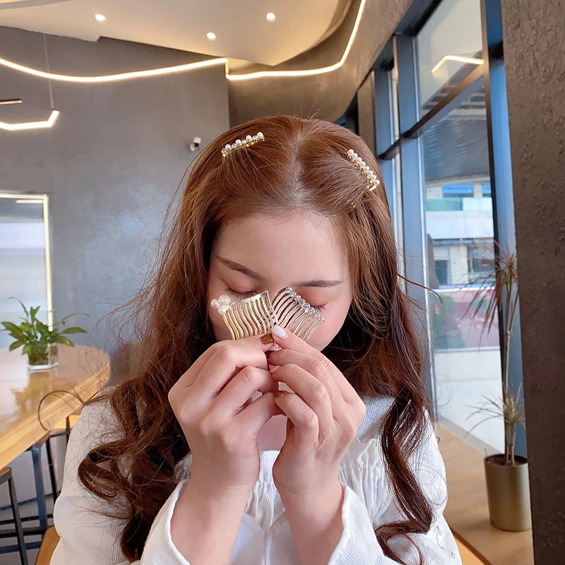 铜合金素款发饰 无痕倒插梳头饰防滑碎发整理神器珍珠发梳简约