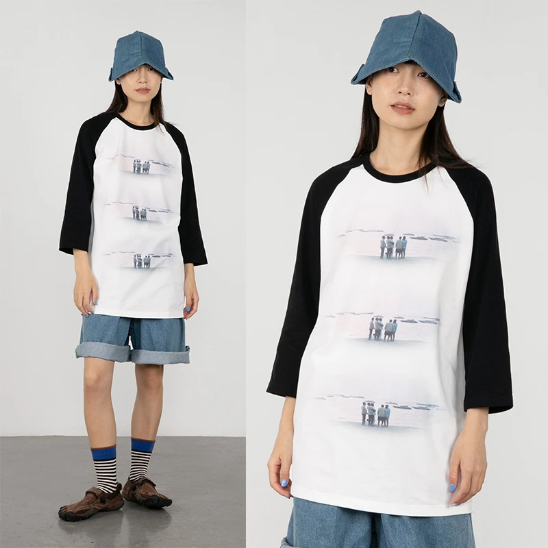 Crying center/哭喊中心粉色海滩照片 插肩七分袖T恤出游情侣短袖