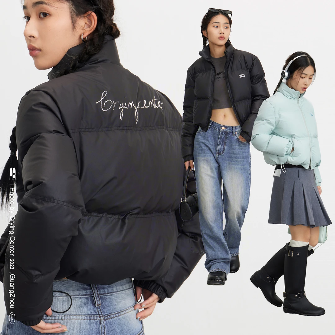 Crying center/哭喊中心冰蓝纯黑闪钻羽绒服立领短款面包羽绒服