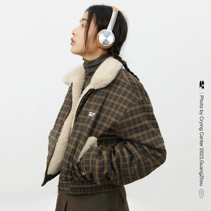 Crying center/哭喊中心复古黑棕格子毛毛夹克拉链短外套超暖