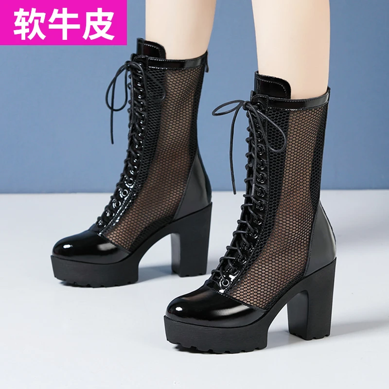 【3250】春夏新款真皮网纱高跟马丁靴中高筒靴系带时尚百搭女凉靴