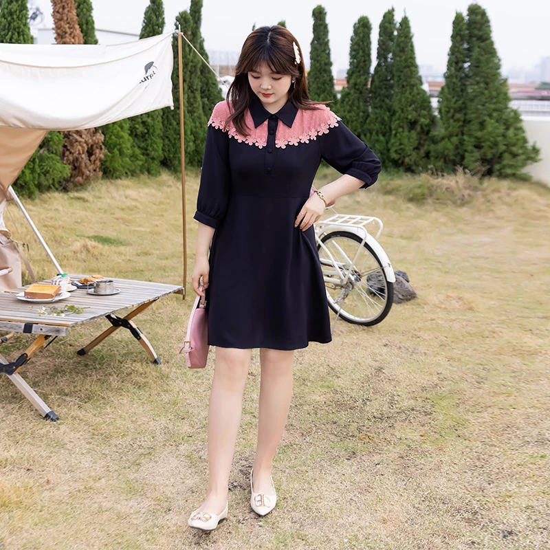 2022春季新款翻领撞色气质显瘦遮肚子胖MM连衣裙桔梗减龄大码女装