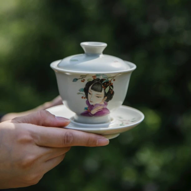 景德镇高档高温陶瓷手工手绘三才盖碗仕女美人茶碗瓷盖碗