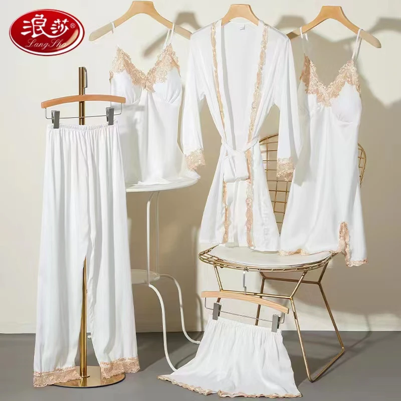 浪莎【落日芳华】冰丝面料柔软睡袍妈妈睡衣女春秋宽松家居服套装
