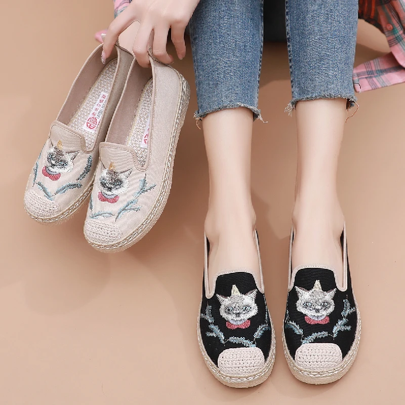 2025春夏一脚蹬懒人鞋小香风亚麻渔夫鞋透气老北京布鞋平底女单鞋