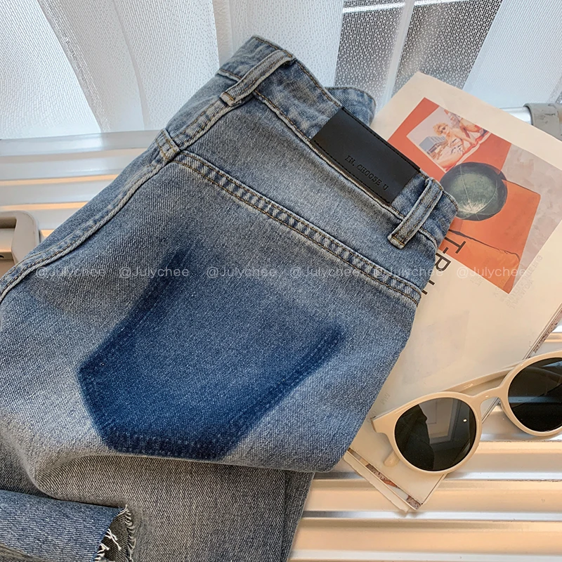 Julychee 复古水洗毛边牛仔中裤五分短裤 【现】