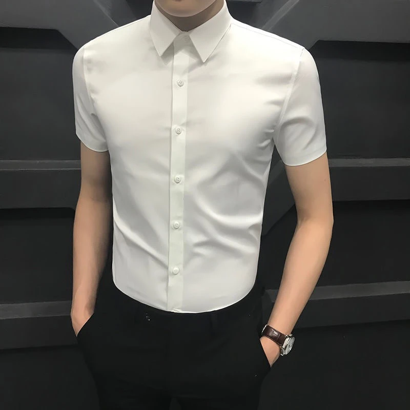 夏季冰丝短袖衬衫男纯色韩版修身时尚商务半袖男士衬衣免烫高端寸